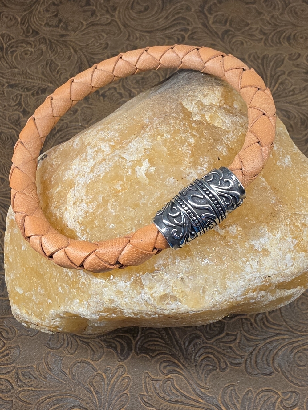 Men's New Braided Tan Leather Ornate Stainless Silver Magnetic Clasp Bracelet